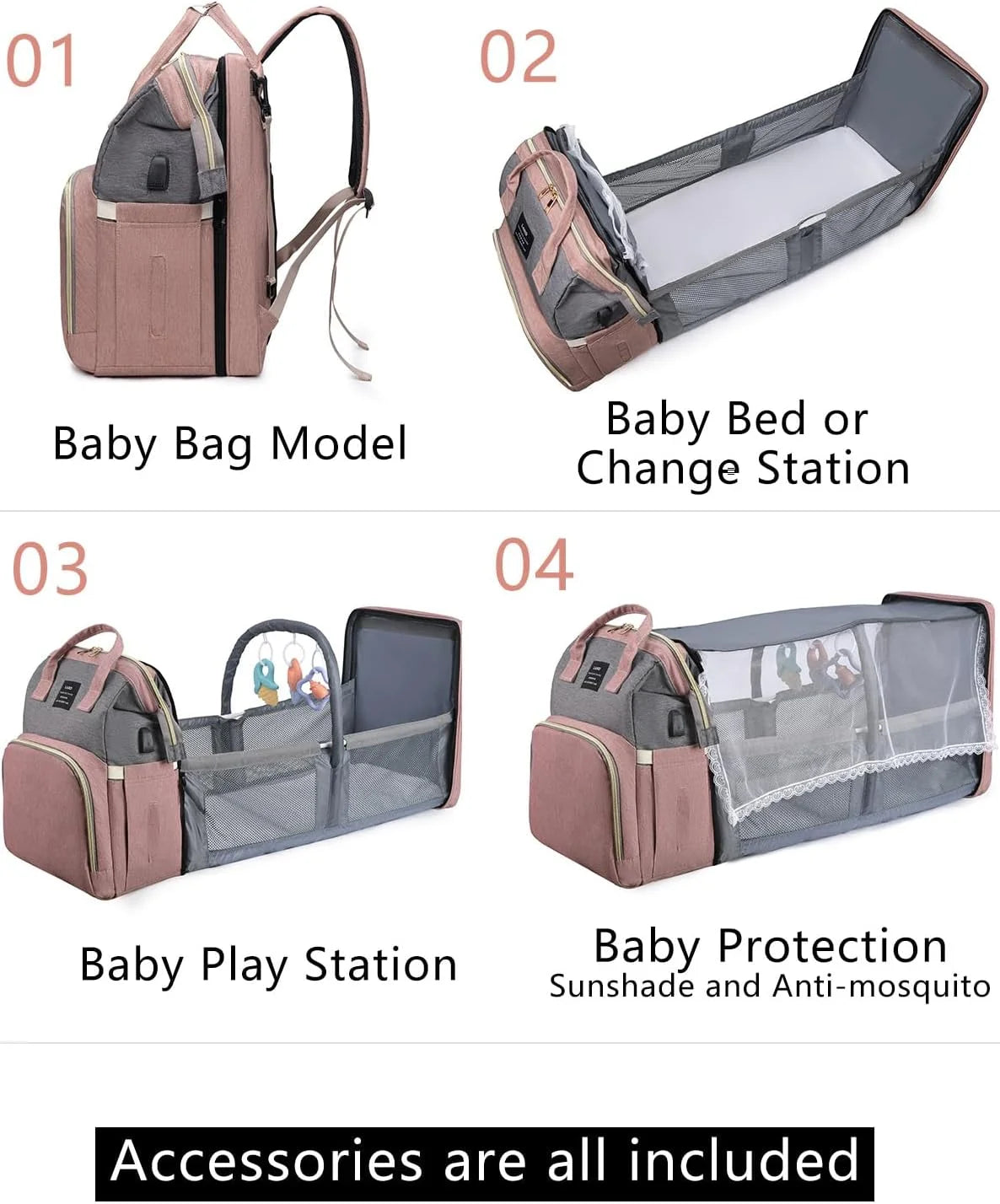 Baby Diaper Bag Backpack with Changing Station, Large Capacity Baby Bag, Waterproof Travel Backpack with USB Charging Port, Stroller Straps , Baby Shower Gifts
