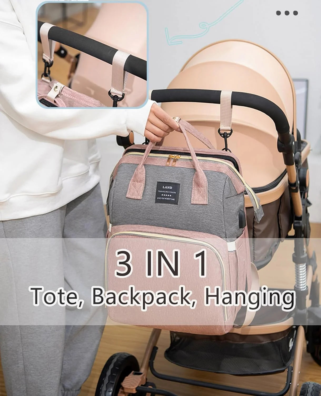 Baby Diaper Bag Backpack with Changing Station, Large Capacity Baby Bag, Waterproof Travel Backpack with USB Charging Port, Stroller Straps , Baby Shower Gifts