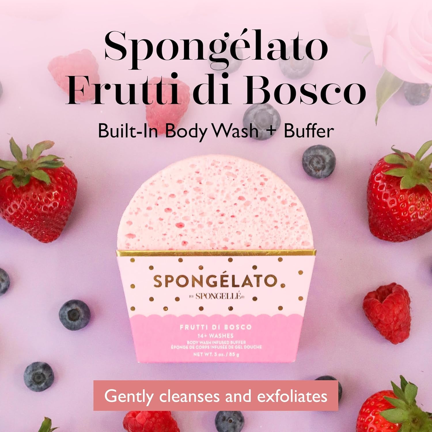 Spongelato Loofah Exfoliating Body Scrubber by Spongelle | Infused with Body Wash | Bath & Shower Loofah for Women | 14+ Uses | Frutti Di Bosco (Mixed Berries) Gelato Inspired