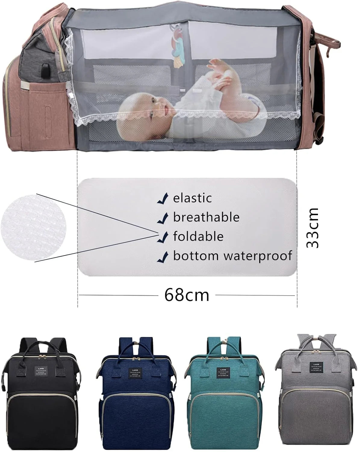 Baby Diaper Bag Backpack with Changing Station, Large Capacity Baby Bag, Waterproof Travel Backpack with USB Charging Port, Stroller Straps , Baby Shower Gifts